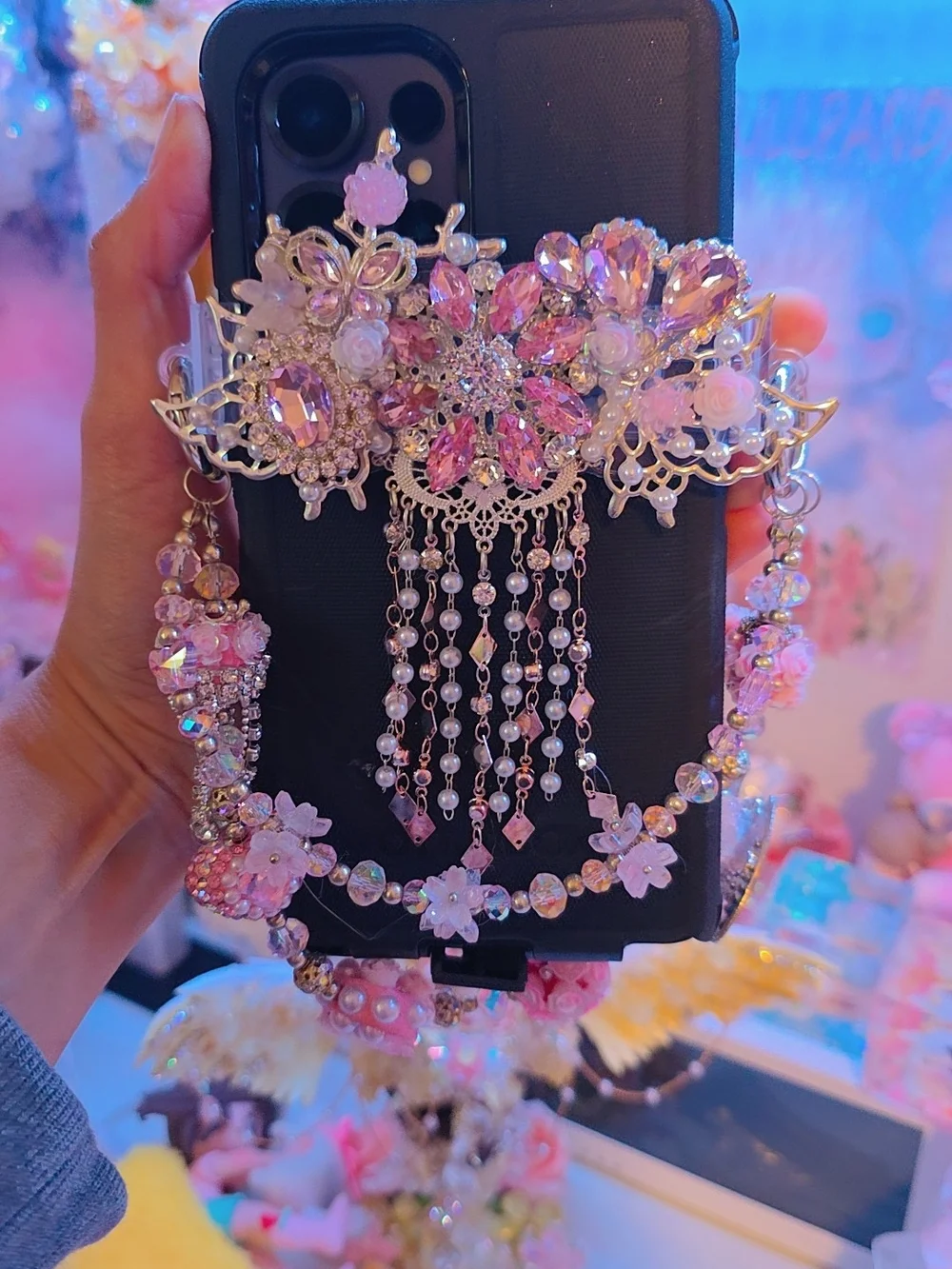 Pink Crystal Floral Phone Charm with Rhinestone Tassels